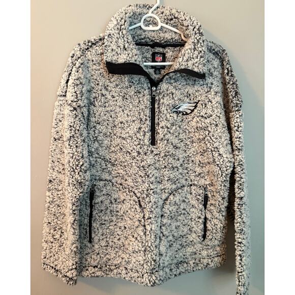 NFL Eagles Fleece Jacket Womens M Fuzzy Quarter Zip Gray White Pullover - Picture 4 of 7